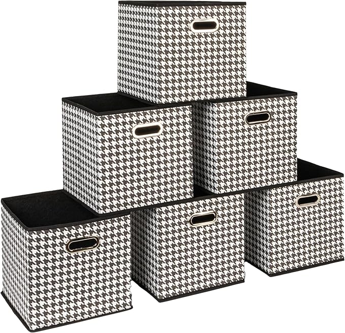 Household Essentials Foldable Fabric Storage Cubes 6-Pack – 11x11x11 Stackable Non-Woven Bins with Chipboard Sides & Grommet Handles – Closet, Shelf, Nursery, or Office Organizer – Houndstooth
