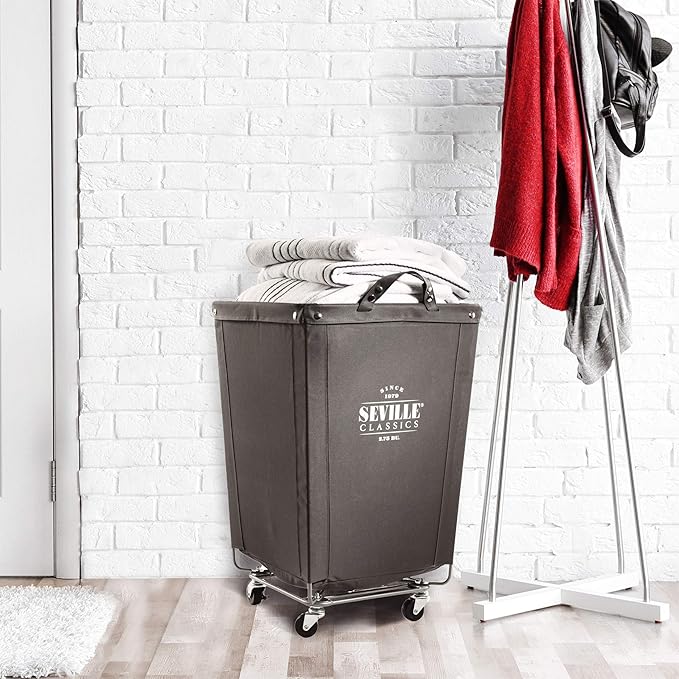 Seville Classics Large Commercial Heavy Duty Rolling Steel Frame Laundry Hamper Canvas Cart Bin, w/ Wheels for Hotel, Home, Closet, Bedroom (PATENTED), Gray, 18.1" D x 18.1" W