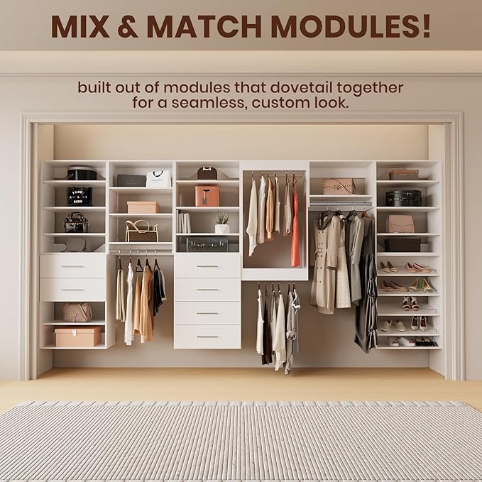 ROOMTEC Modular Closet System, 55" Wall-Mounted Closet Organizer with Drawers and Hanging Rods, Wooden Tower for Walk-In Closets, Wardrobe Storage Kit, White