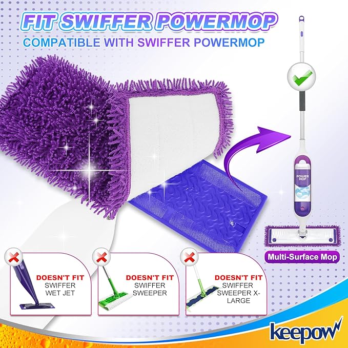 KEEPOW Reusable Power Mop Refills Pads Compatible with Swiffer PowerMop Mop - Power Mop Pads Refill - Washable Microfiber Pads for Multi-Surface Floor Cleaning, 8Pack