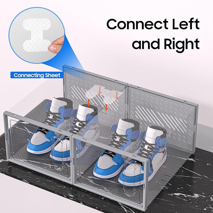 eWonLife Large Shoe Organizer Storage Box with Magnetic Door,12 Pack Clear Plastic Stackable Sneaker Containers for Closet, Connect Left and Right Shoe Box for Entryway, Drop Front, Under Bed (Grey)