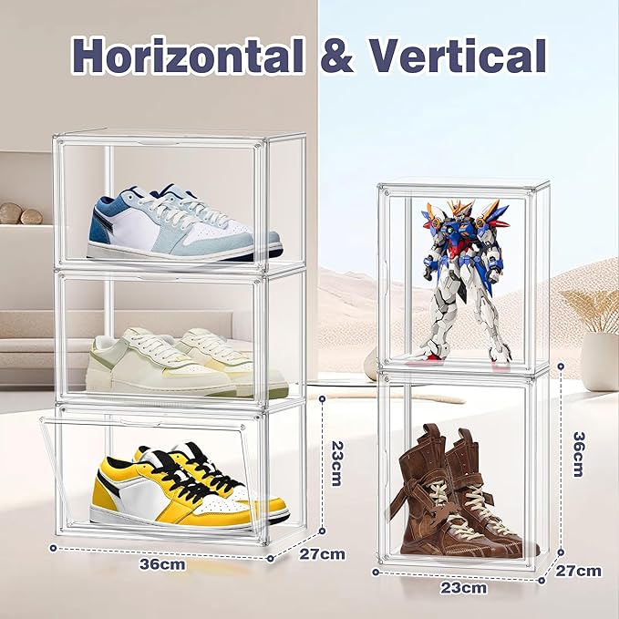 X-Large Clear Shoe Storage Box Stackable Shoes Box Acrylic Sneaker Display Case Shoe Boots Organizer with Lid, 6 Pack