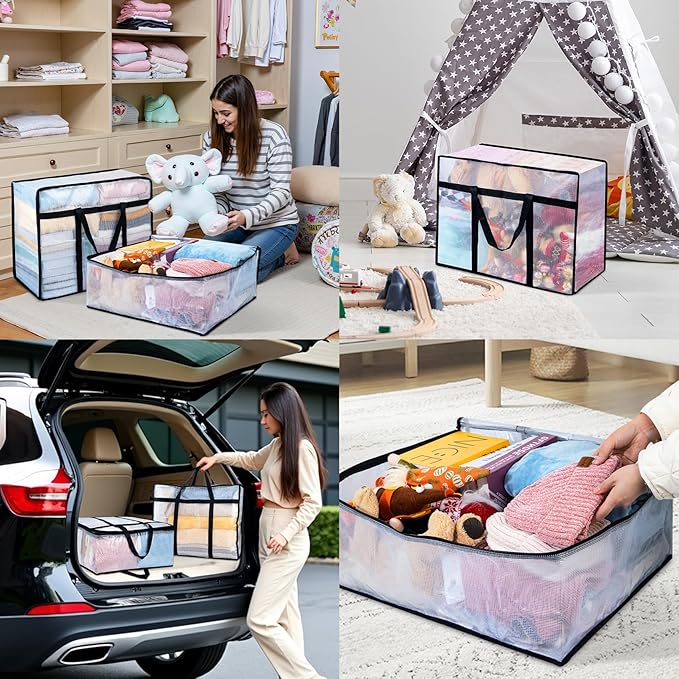 4 Pack Clear Blanket Storage Bags, 60L Plastic Comforter Clothes Storage Bags Underded Moving Bags Closet Organizers and Storage Zippered Sturdy Handle for Bedding, Clothes, Linen, Toys, Quilt, Duvet