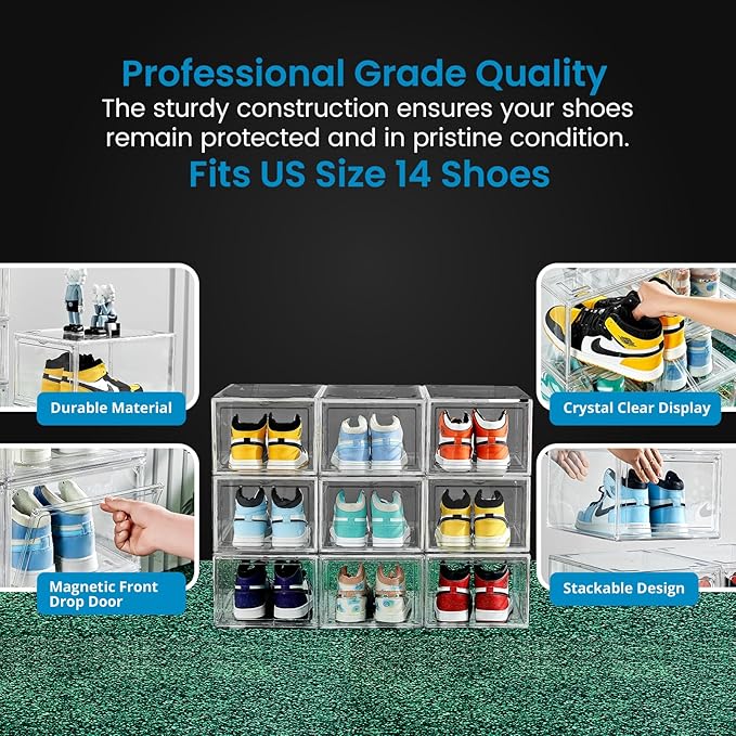 Ultra All Clear Shoe Boxes Plastic Stackable Professional Grade Shoe Display Case with Magnetic Front Drop Door Open Easy Assembly Modern Shoe Sneaker Display Case Fits US Size 14