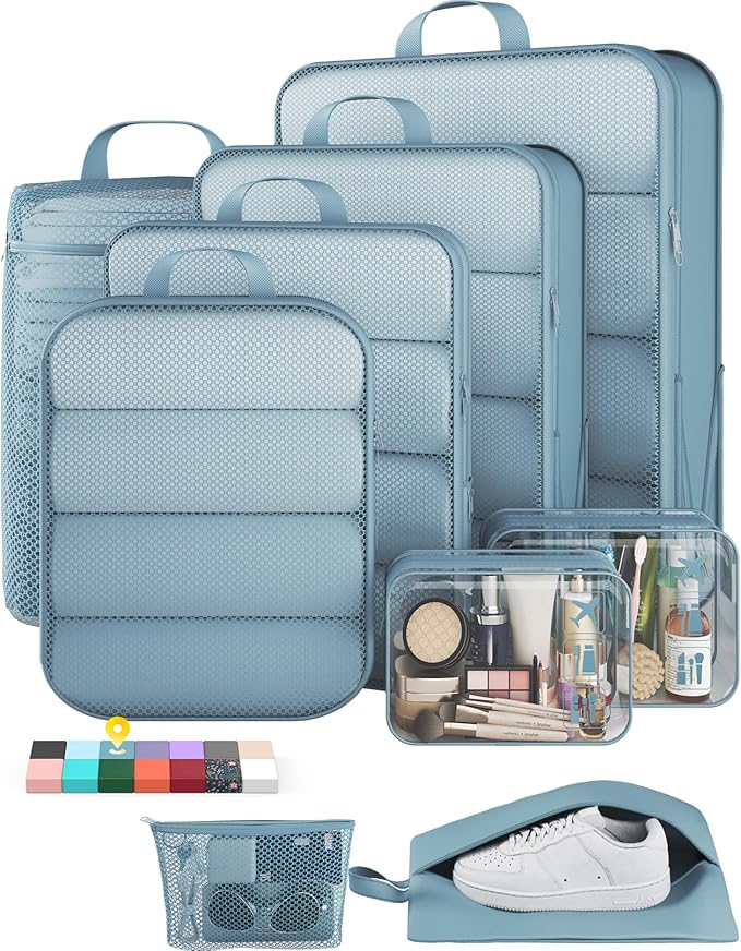 Veken 9/11 Set Compression Packing Cubes for Travel Essentials,Compressible Expandable Large Luggage Suitcase Organizer Bags for Clothing,Durable Space Saver Storage Bags with Toiletry Bags(Blue Gray)