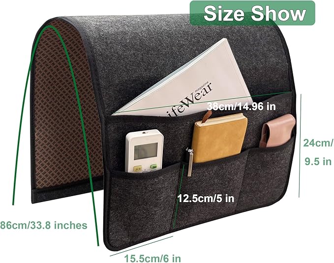 KAKKOII Sofa Armrest Caddy, Armchair Caddy for Recliner, Couch Organizer, Bedside Organizer, Remote Holder with Silicone Non-slip Design,4 Pockets for Magazine, Notepad,Phone, Ipad, Glasses (Black)