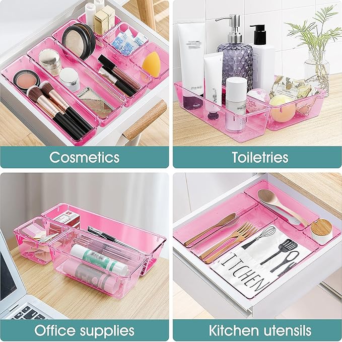 WOWBOX 25 PCS Plastic Drawer Organizer Set, 4 Sizes Desk Drawer Divider Organizers and Storage Bins for Makeup, Jewelry, Gadgets for Kitchen, Bedroom, Bathroom, Office, Clear Pink