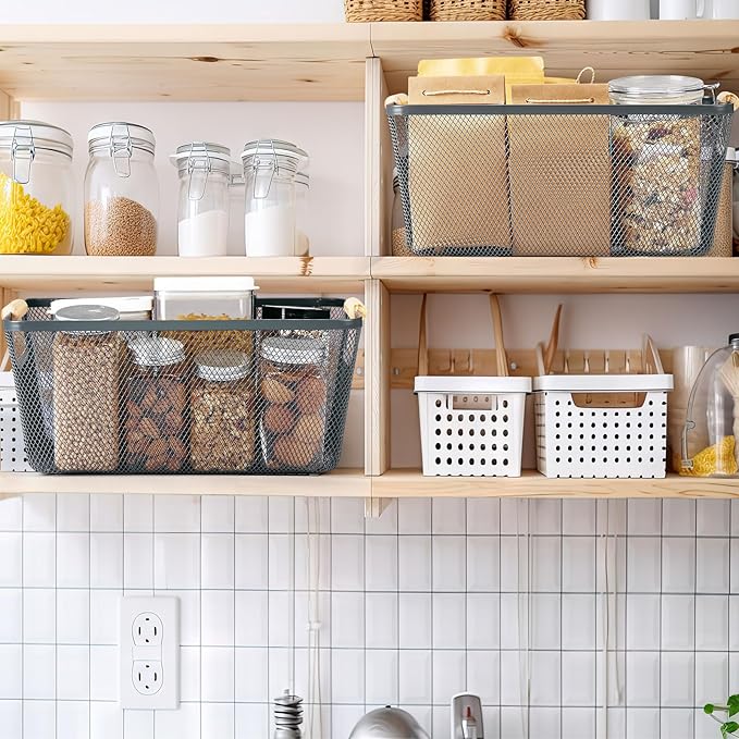 4 Pcs Metal Wire Basket with Wooden Handles Mesh Steel Storage Organizer Bin Containers for Home Organizing Cabinet Pantry Closet Kitchen Fridge Fruit Makeup Snacks Gifts(Large,Dark Gray)