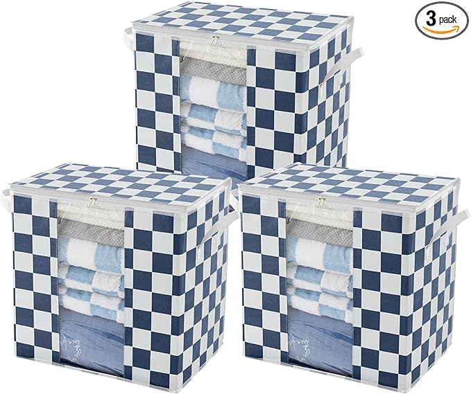 Navy Blue Checkered Clothes Storage Bins, 100L Large Blanket Storage Bags 3 Pack, Closet Organizers and Storage Containers for Comforters, Bedding, Foldable Organizer with Handle