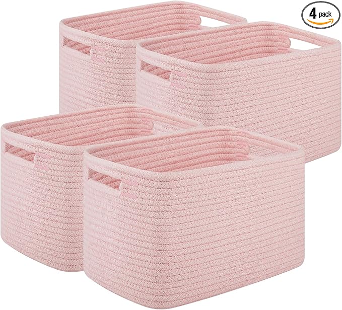 Storage Baskets for Organizing, Woven Decorative Baskets for Shelves - Books, Towels, and Clothes, Cotton Rope Toy Storage Bins, 12.7''Lx9''Wx7.8''H, Pack of 4, Pink