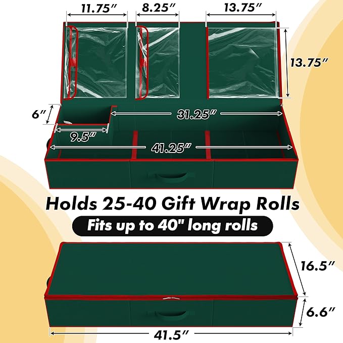 Simple Houseware 41.5" Wrapping Paper Storage Organizer - Fits 40 Rolls with Adjustable Straps, Interior Divider for Ribbons & Bows, 3 Clear Pockets for Gift Bags & Tools, 41.5''L x 16''W, Green