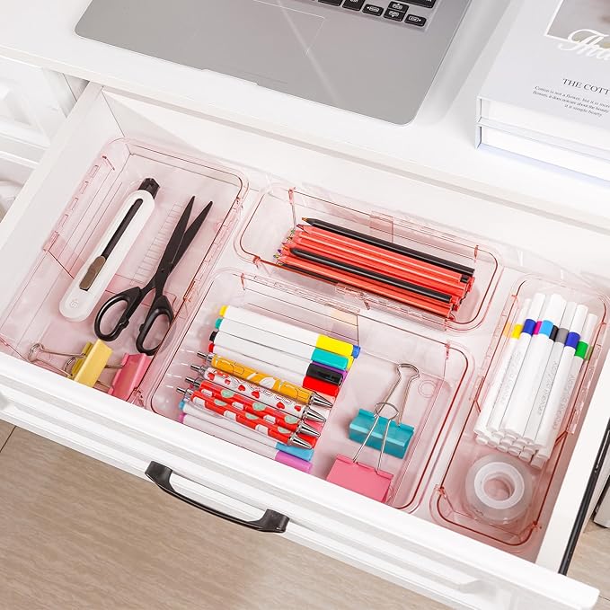 15 Pcs Extendable Clear Drawer Organizer, All Adjustable Vanity Storage Box, 2-Size Desk Drawer Organizer, Acrylic Storage Bins for Makeup, Bedroom Dressers Tool Organizer for Gadgets, Pink