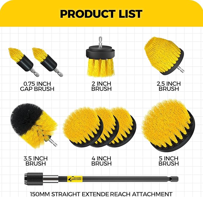 Holikme 10Pieces Drill Brush Attachments Set, Power Scrubber Brush with Extend Long Attachment，Scrub Brush，Shower Scrubber，Cleaning Supplies,Yellow