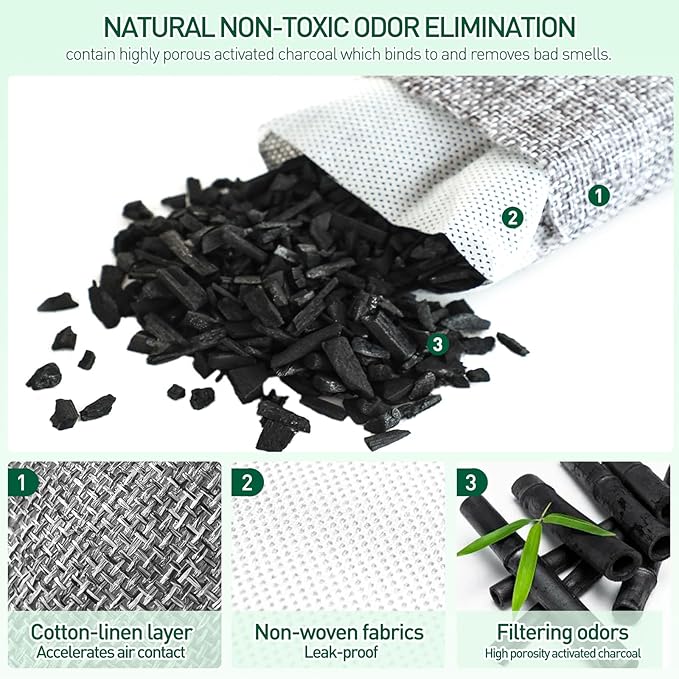 MAXWAVE 8 Pack Activated Charcoal Odor Absorber Bags, Bamboo Charcoal Air Purifying Bags, Natural Air Freshener, Shoe Deodorizer, Moisture Absorber, Odor Eliminators for Home, Car (4×50g, 4×150g)