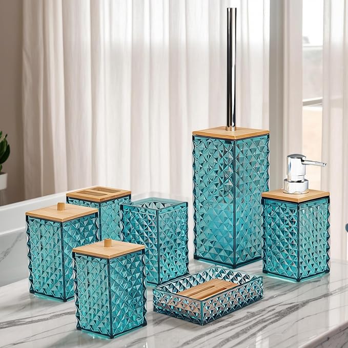 Bathroom Accessory Set,7 Pcs Dark Green Bathroom Set Include Soap Dispenser, Qtip Holder Dispenser, Soap Dish,Toilet Brush,Toothbrush Holder & Mouthwash Cup.Boho Bathroom Set