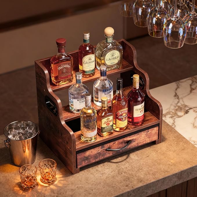 Liquor Bottle Display Shelf 3 Floors with Drawers Countertop Wine Rack can Accommodate 12 Bottles and 36 K Cups, Minibar Coffee Syrup Storage Box, Whiskey