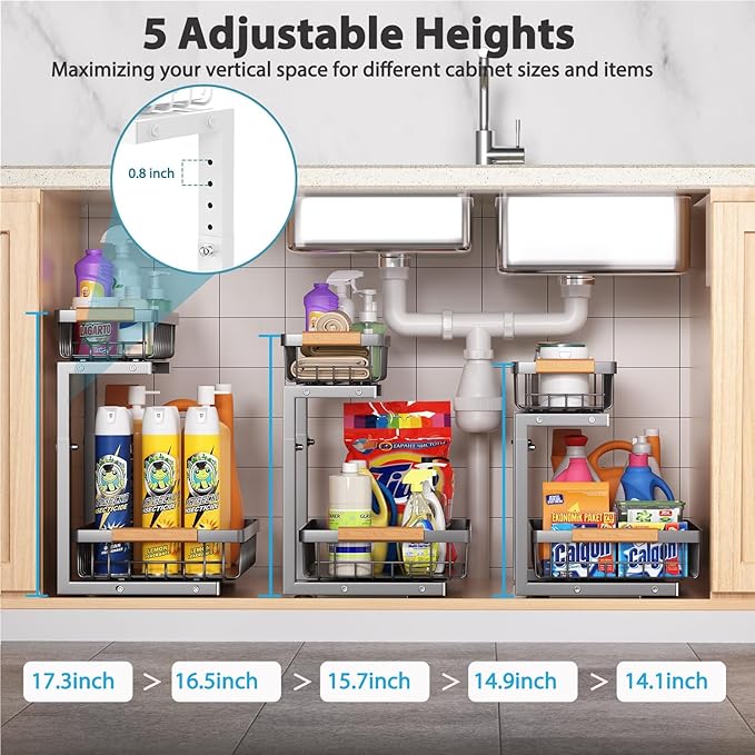 Under Sink Organizer 2 Pack, 2 Tier Slide Out Large Capacity Height Adjustable Under Sink Organizers and Storage for Kitchen Bathroom Cabinet, Grey