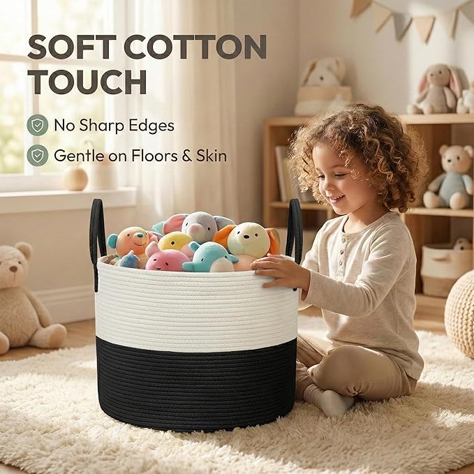 115L Extra Large Blanket Basket for Living Room - Woven Cotton Rope Laundry Hamper with Reinforced Handles - Storage Bin for Pillows, Comforters & Toys - Machine Washable,White&Black