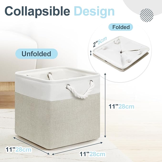 Posprica 11×11 Storage Cubes, Collapsible Storage Bins Organizer for Closet, Fabric Storage Box with Cotton Rope Handles, Decorative Storage Baskets for Shelves, Nursery, Toy, set of 6 - White/Coffee