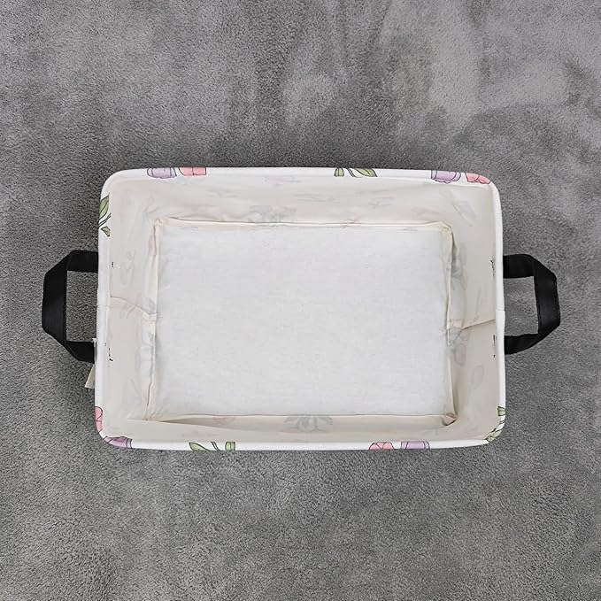 LANGYASHAN Rectangular Storage Bin Collapse Canvas Fabric Cartoon Storage Basket with Handles for Organizing Home Kitchen Boys and Girls Toys Office Closet Shelf Baskets (Rec Romantic Tulip)