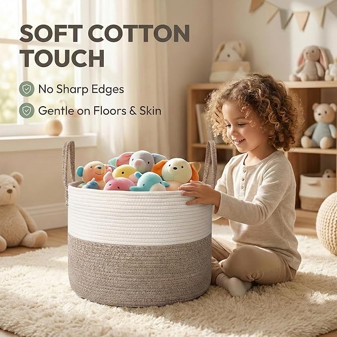 115L Extra Large Blanket Basket for Living Room - Woven Cotton Rope Laundry Hamper with Reinforced Handles - Storage Bin for Pillows, Comforters & Toys - Machine Washable,White&Brown