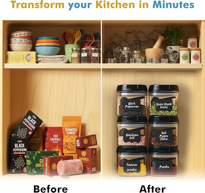 Shazo 6 PC Airtight Food Storage Containers + 6 Spoons - BPA Free Clear Plastic Snack & Spice Containers with Easy Lock Lids - Kitchen and Pantry Organization for Herbs, Coffee, Tea - 0.5L / 2.1 Cups