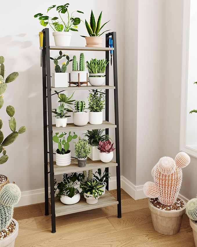 Ladder Shelf, Bookshelf Bookcase, Freestanding Corner Storage Shelve with 2 Hooks for Home Office, Living Room, Kitchen, Bedroom, Industrial, 11.8" D x 23.6" W x 63" H, Greige BC19305B