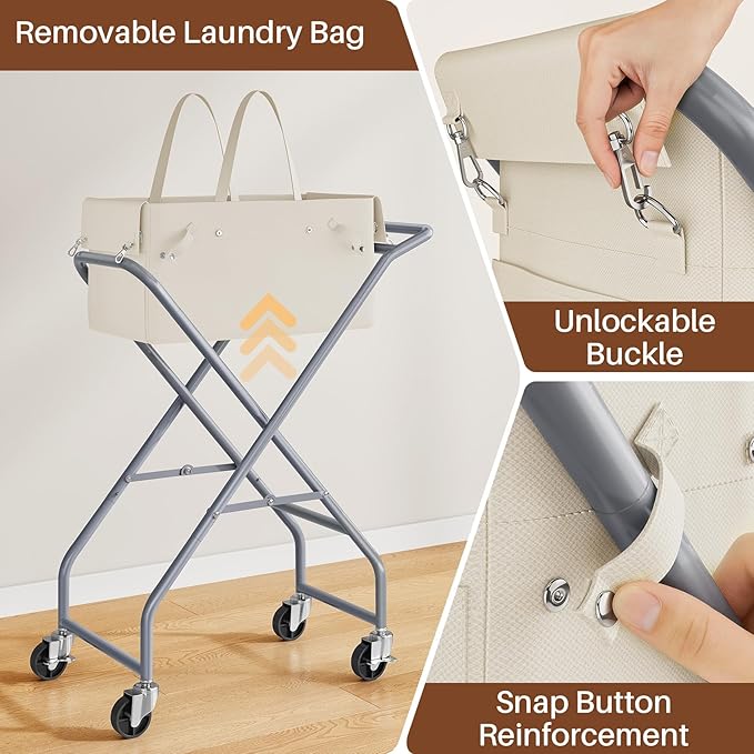 No-Bend Laundry Cart- Rolling Hamper with Locking Wheels & Handle, Foldable Basket Screw-Free Assembly, Durable Metal Frame & Removable Liner Bag for Bedroom & Bathroom (Beige)