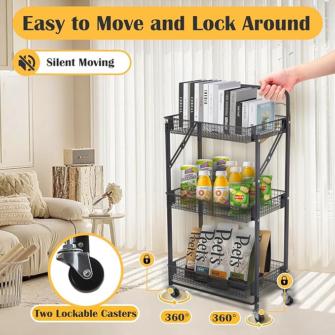 Folding Storage Rack 3-Tier Mesh Storage Shelf Portable Closet Shelving Unit with 360°Removable Wheels for Kitchen/Living Room/Bathroom/Laundry Room/Pantry/Garage/(Max Load Capacity 200 lb)