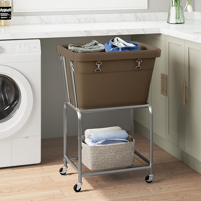 ELYKEN Laundry Cart with Wheels, Rolling Laundry Hamper with Removable Bag and Shelf, Metal Frame Laundry Basket with 4 Casters and 2 Brakes, Ideal for Bedroom, Bathroom, Laundry Room, Camel Brown