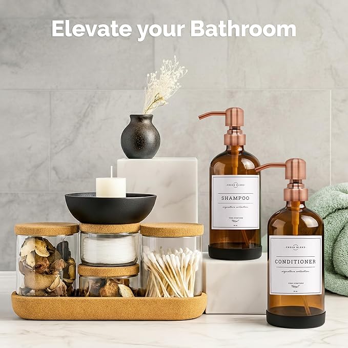 Vine Creations Amber Glass Soap Dispenser, 2 Pack Kitchen Soap Dispenser Set with Stainless Steel Pump, 16 oz Dish Soap and Hand Soap Dispensers for Bathroom with Waterproof Labels