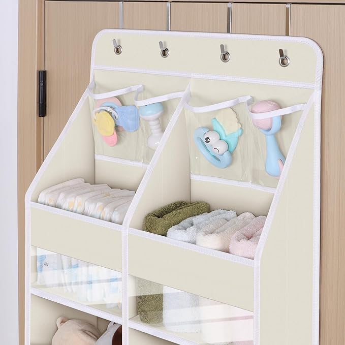 Univivi 6-Shelf Baby Door Storage Over Door Fabric Hanging Organizer with 10 Deep Pockets and 4 Small PVC Pockets Wall Mount Hanging Storage Organizers for Baby Essential (Beige)