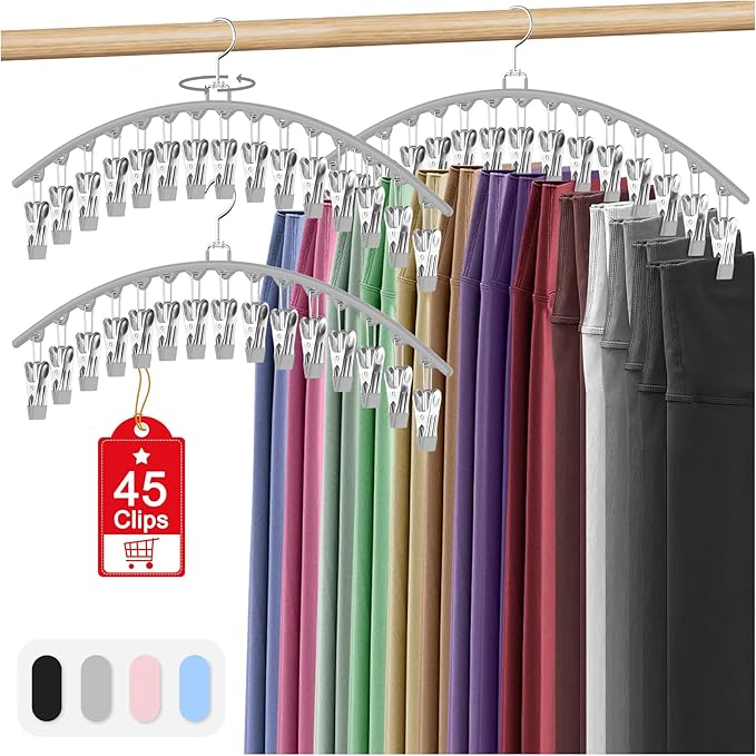 3 Pack Legging Organizer for Closet Hanging, Pants Hangers with Clips Holds 45 Leggings, Shorts, Skirts, Jeans, Hats, Pants Hangers Space Saving Clothes Racks Closet Organizers and Storage, Grey