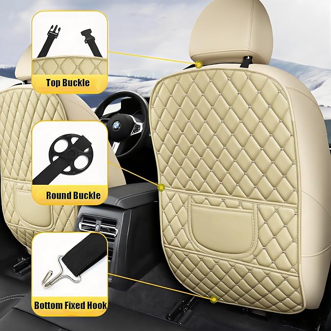 Leatherette Car Seat Protector - 2 Pack Large Car Kick Mats with Storage Pockets Organizer Seat Back Cover Against Dirty Shoes & Scratches, Universal Fit for Most Vehicles, Beige