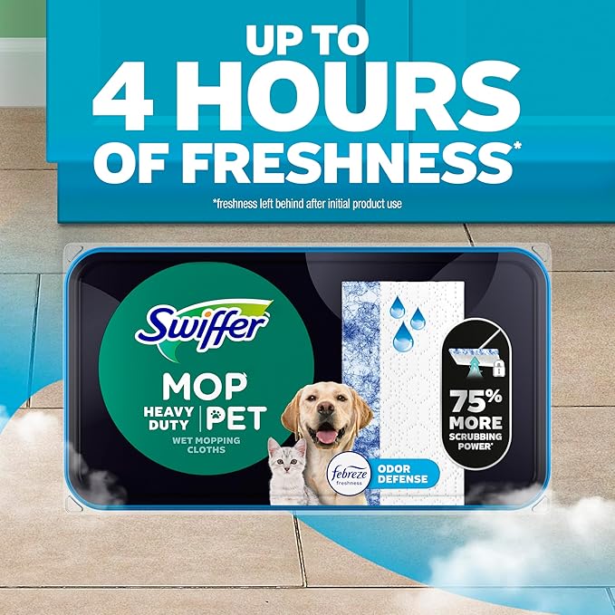 Swiffer Heavy Duty Mop Wet Multi-Surface Cloth Refills for Floor Mopping and Cleaning, Pet with Febreze Odor Defense, 20 count