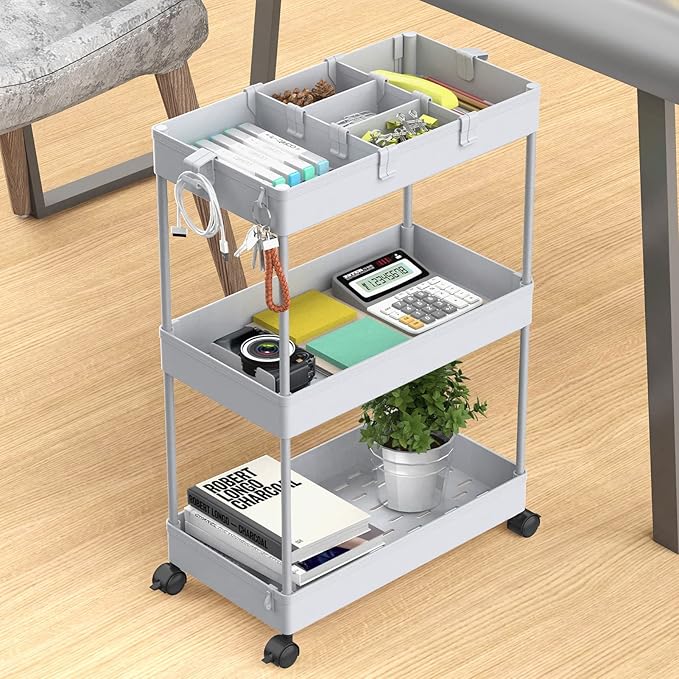 SPACELEAD 3 Tier Rolling Cart with Wheels, Storage Craft Art Trolley Organizer Serving, 3 Hanging Baskets Easy Assembly, for Office, Living Room, Kitchen, Gray