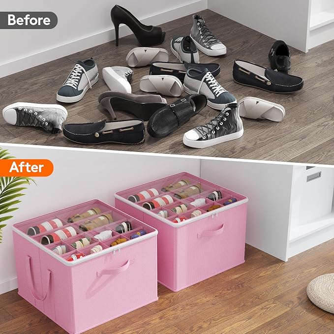 Lifewit Shoe Storage Organizer for Closet, Fabric Large Shoe Box Storage Containers with Clear Cover, Foldable Bins for Boots Heels Sneakers Fits 36-48 Pairs (Each 12-16 Pairs) 3 Pack Pink