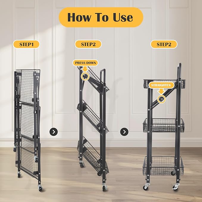 Folding Storage Rack 3-Tier Mesh Storage Shelf Portable Closet Shelving Unit with 360°Removable Wheels for Kitchen/Living Room/Bathroom/Laundry Room/Pantry/Garage/(Max Load Capacity 200 lb)