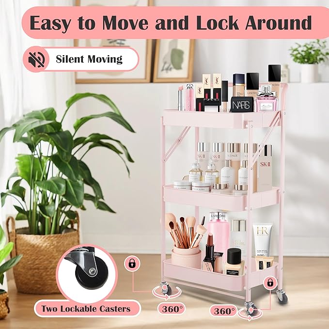 Pink Folding Storage Rack 3-Tier Mesh Storage Shelf Portable Closet Shelving Unit with 360°Removable Wheels for Kitchen/Living Room/Bathroom/Laundry Room/Pantry/Garage/(Max Load Capacity 200 lb)