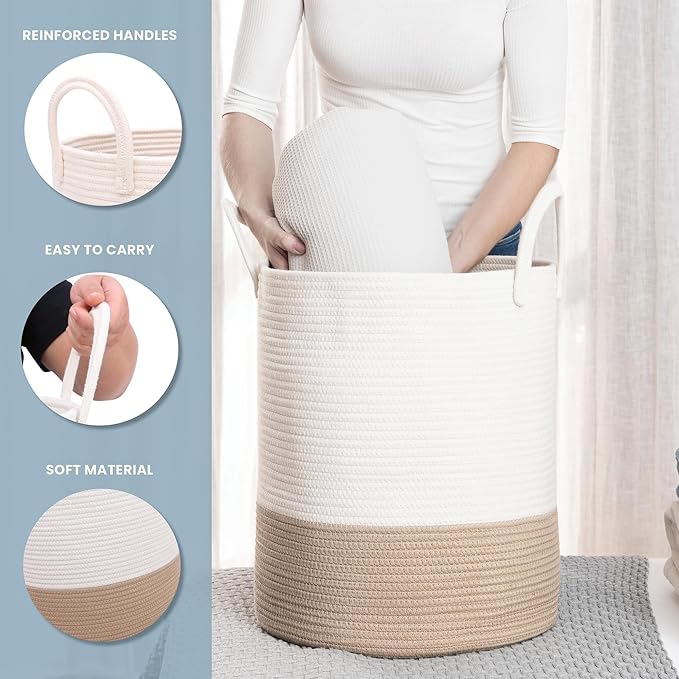 OrganiHaus Large Woven Laundry Basket w/Handles 52L, Rope Dirty Clothes Hamper, Blanket Basket for Living Room, Baby Laundry Hamper for Nursery, Soft Decorative Organizer Bin - Honey/Off-White