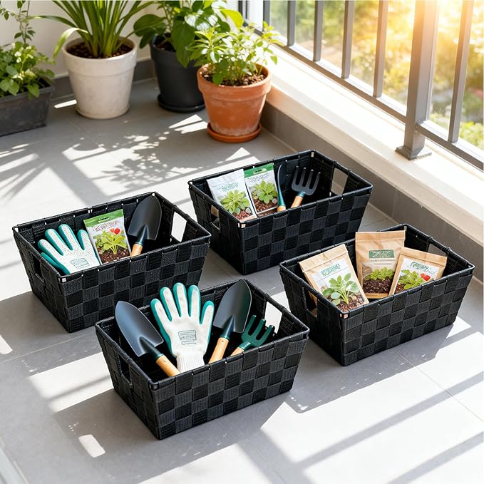 homyfort Black Storage Baskets for Shelves, Woven Shelf Baskets for Organizing, Small Strap Organizer Basket for Bathroom Storage, Set of 4