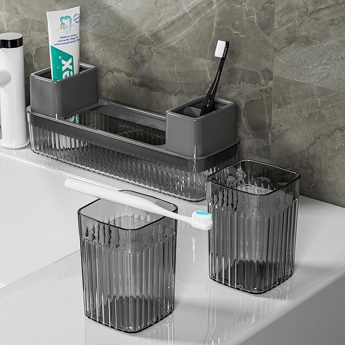 Toothbrush Holder for Bathrooms, 2 Cups Toothbrush Organizer for Bathroom Countertop, Toothbrush Holder Toothbrush Storage for Shower, Tooth Brushing Holder Cup Tray and Toothpaste Caddy Black