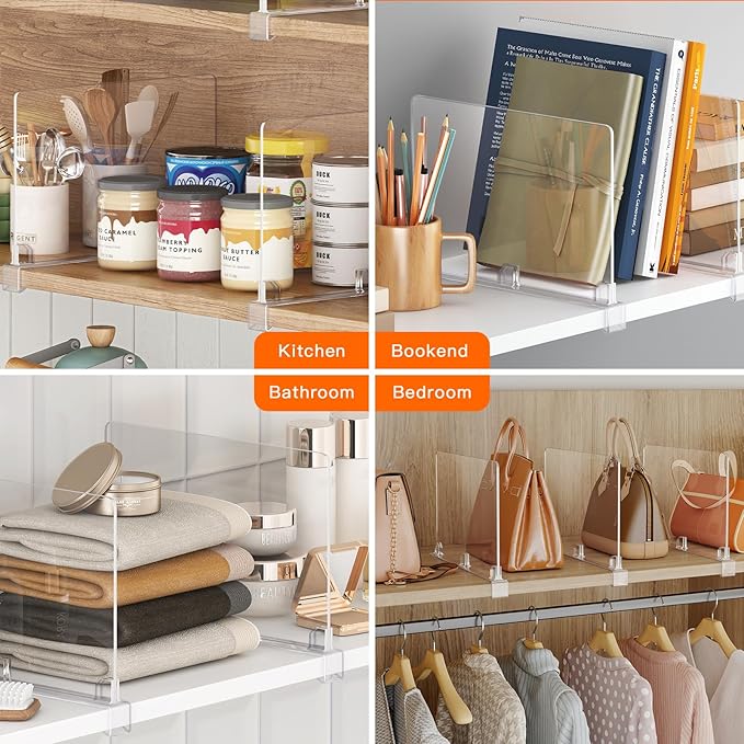 Fixwal 12 PCS Detachable Acrylic Shelf Dividers for Closet Organization Clear Shelf Divider for Closet Organizers and Vertical Purse Organizer for Closet, Bedroom, Kitchen, Office, Cabinets, Bathroom