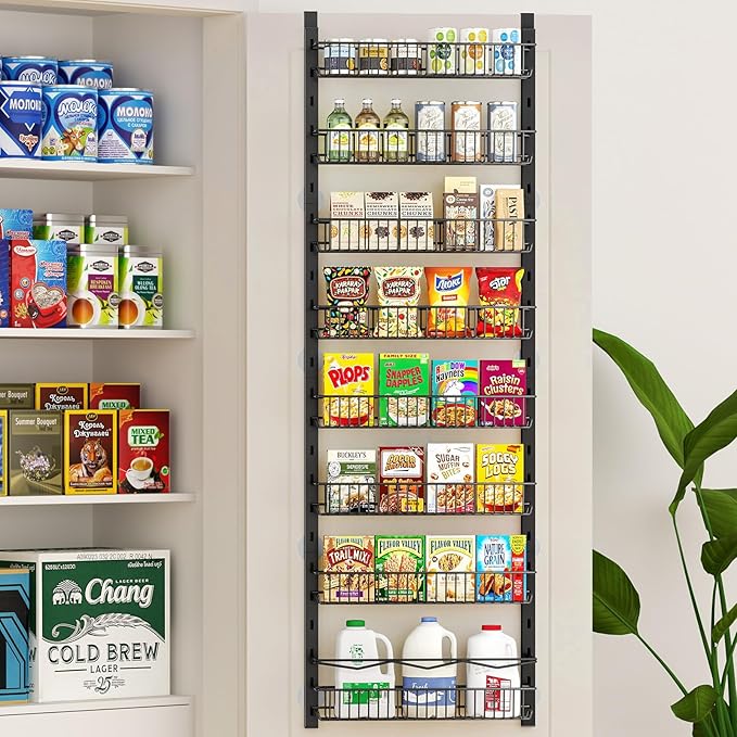 MIAOLI Over the Door Pantry Organizer, 8-Tier Adjustable Spice Rack Cabinet Door Shelves, Hanging Seasoning Organizer for Kitchen Bathroom, Laundry Room Organization, Black