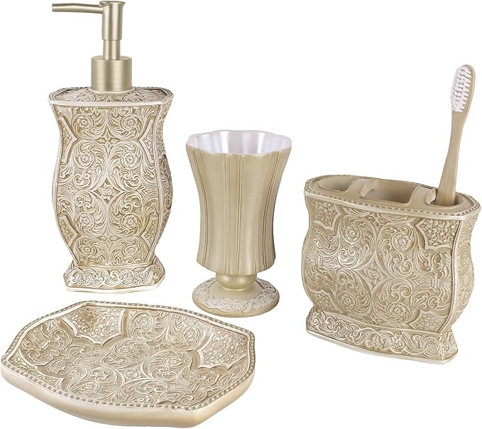Creative Scents Victoria Beige Toothbrush Holder for Bathroom - Family Toothbrush and Toothpaste Holder - Decorative 3 Slot Toothbrush Cup Neatly Holds Multiple Toothbrushes and Toothpaste