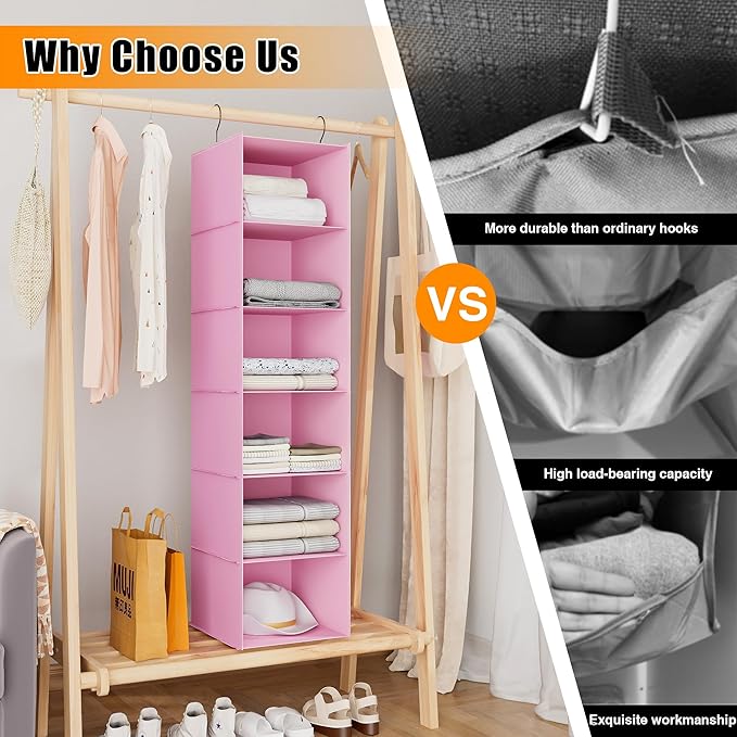 Hanging Closet Organizer, Easy Mount Foldable 6-Shelf Hanging Closet Wardrobe Storage Shelves, Clothes Handbag Shoes Accessories Storage, Washable Oxford Cloth Fabric, Pink