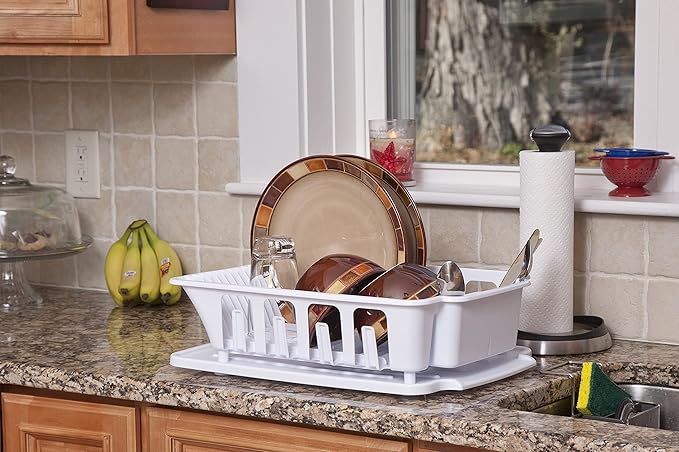STERILITE 2-Piece Large Sink Set Dish Rack Drainer, White (18 L x 13 3/4" W x 5 1/2" H), 3/4" L x 3/4" W x