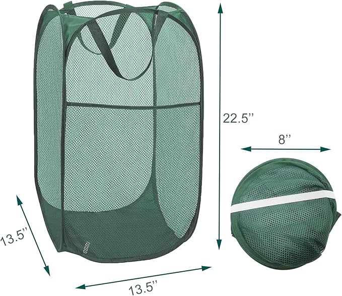 Pop Up Laundry Basket, Collapsible Mesh Laundry Hamper, Vertical Popup Hamper for Laundry, Spacing Saving Storage Basket for Bedroom, Hotel, Cruise, Green