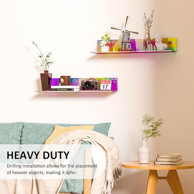 16 Inches Iridescent Acrylic Shelves, Wall Mounted Organizer Shelves for Bedroom, Clear Wall Storage Shelves for Cosmetics, Skincare, Router, Doll, Toiletries, Helmets, 2 Pack