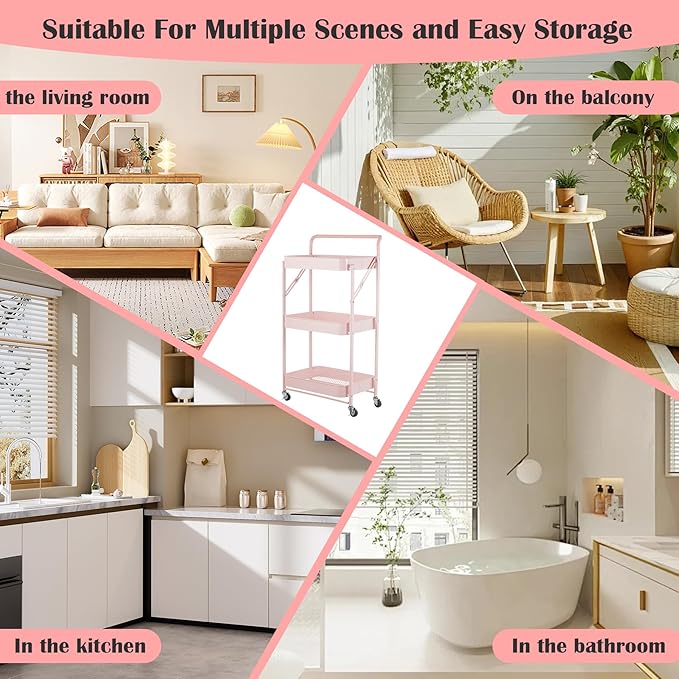 Pink Folding Storage Rack 3-Tier Mesh Storage Shelf Portable Closet Shelving Unit with 360°Removable Wheels for Kitchen/Living Room/Bathroom/Laundry Room/Pantry/Garage/(Max Load Capacity 200 lb)